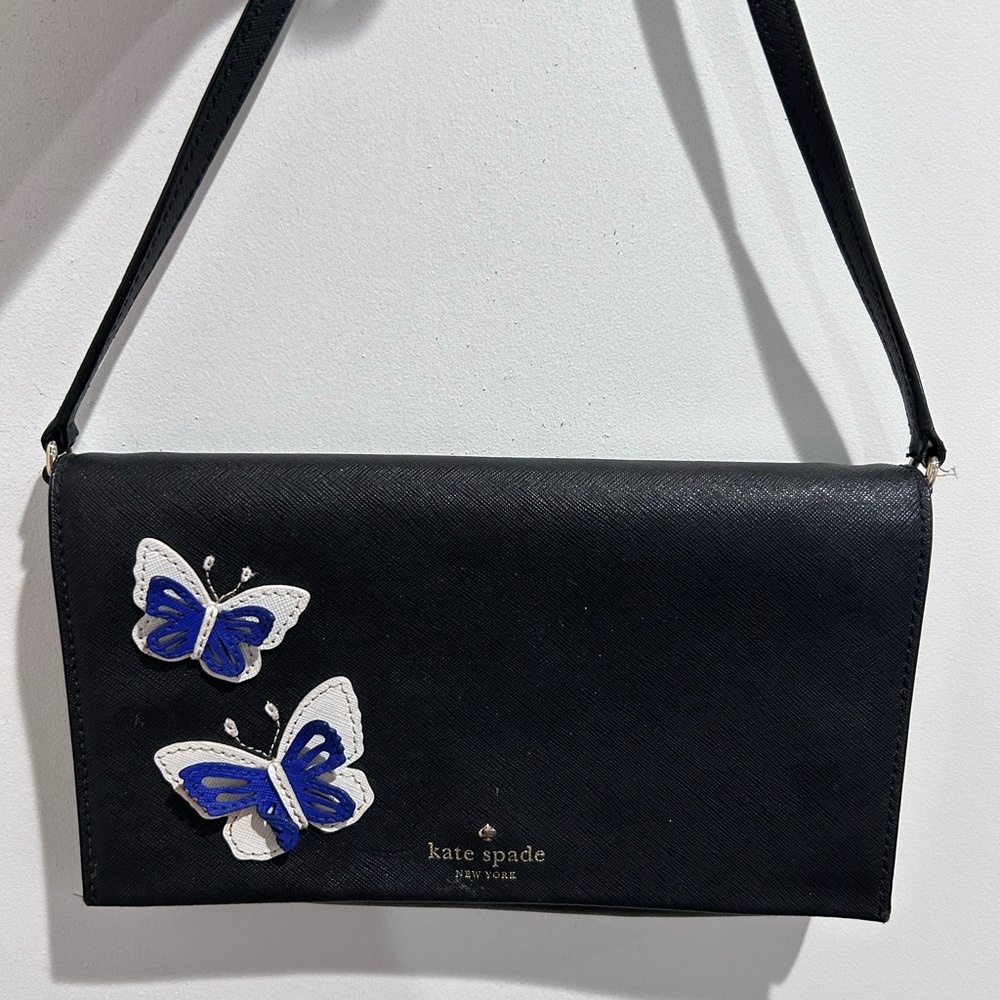 Kate Spade Black Crossbody Bag with Blue and White Butterflies